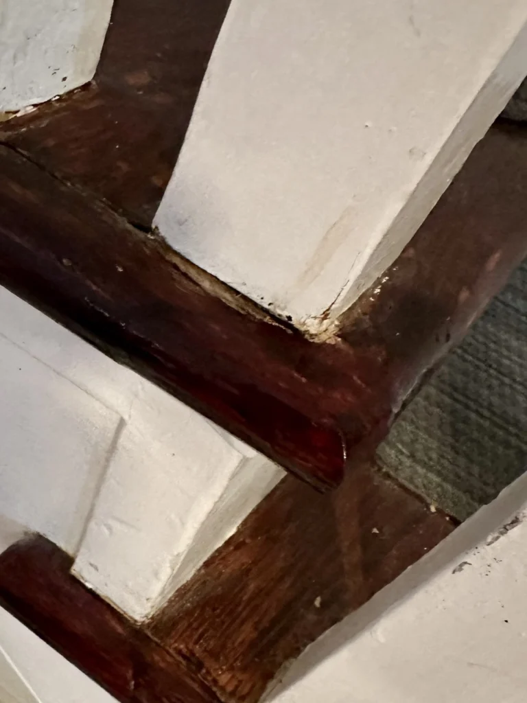 After photo of damaged stair treads professionally restored to match pre-existing wood detail and finish showcasing detailed handyman work